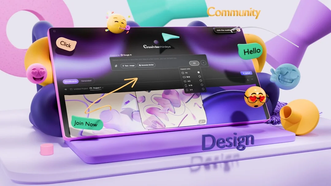 A modern computer screen displaying web design work, showcasing creative visuals in a workspace.